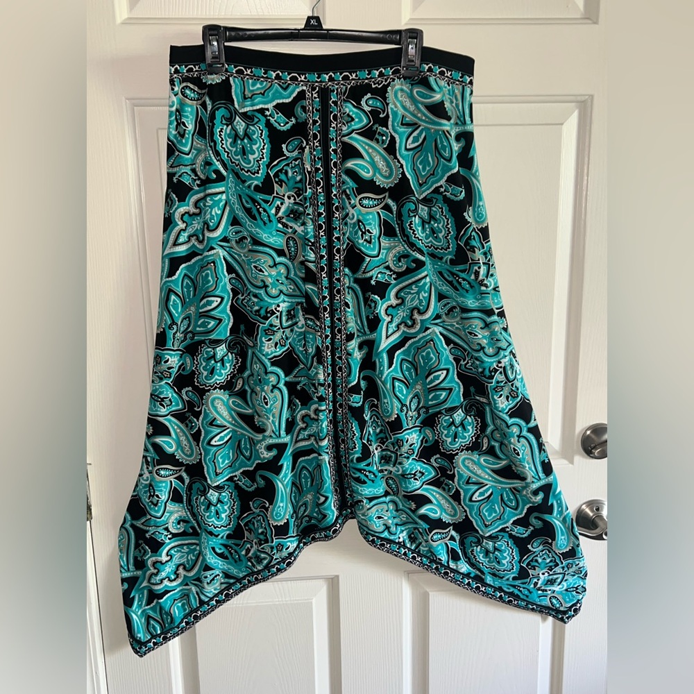 INC Teal Black Paisley Resort Vacation Casual Studded Handkerchief Hem‎ Skirt